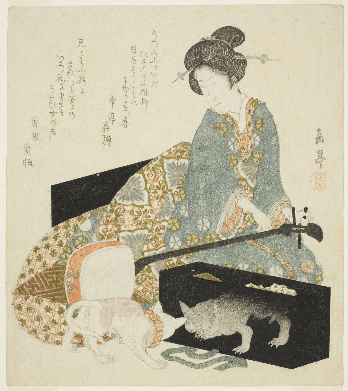 Femme avec shamisen et chat - Yashima Gakutei
