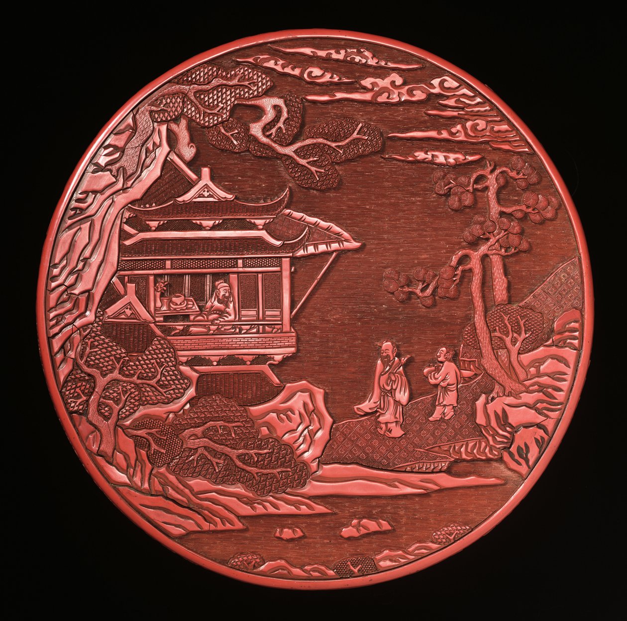 Boîte circulaire en cinabre sculpté avec couvercle (bois laqué) - Yuan Dynasty Chinese School
