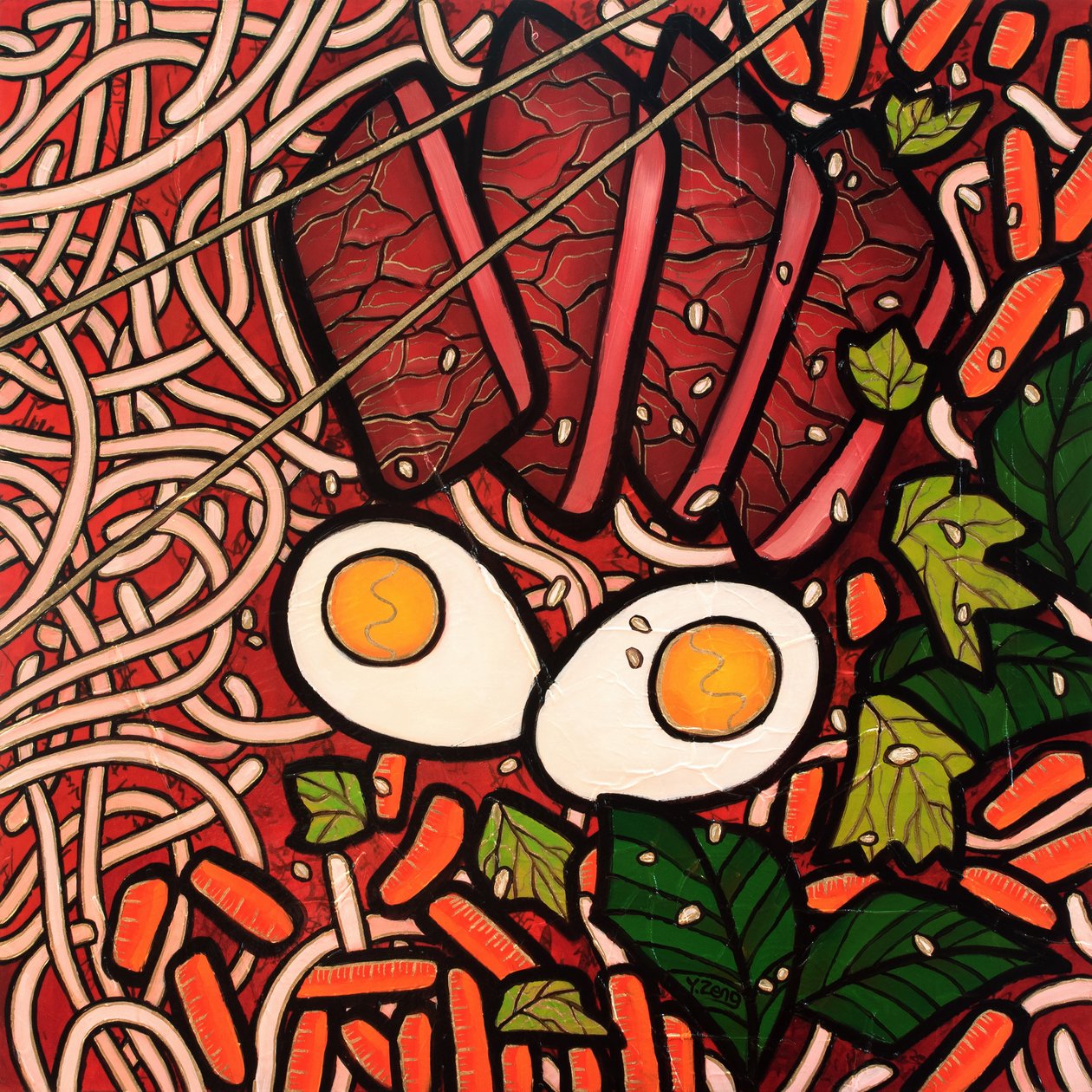 Ramen noodle beef, 2022 (technique mixte sur panneau de bois) - Yue Zeng