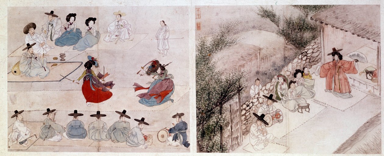 Art coréen : scène de combat de femmes, scène de la vie quotidienne. Impressions de Sin Yun Bok (ou Hyewon fait en 1758). XVIIIe ou XIXe siècle. Collection Hyung Pil Chun - Yun bok Sin