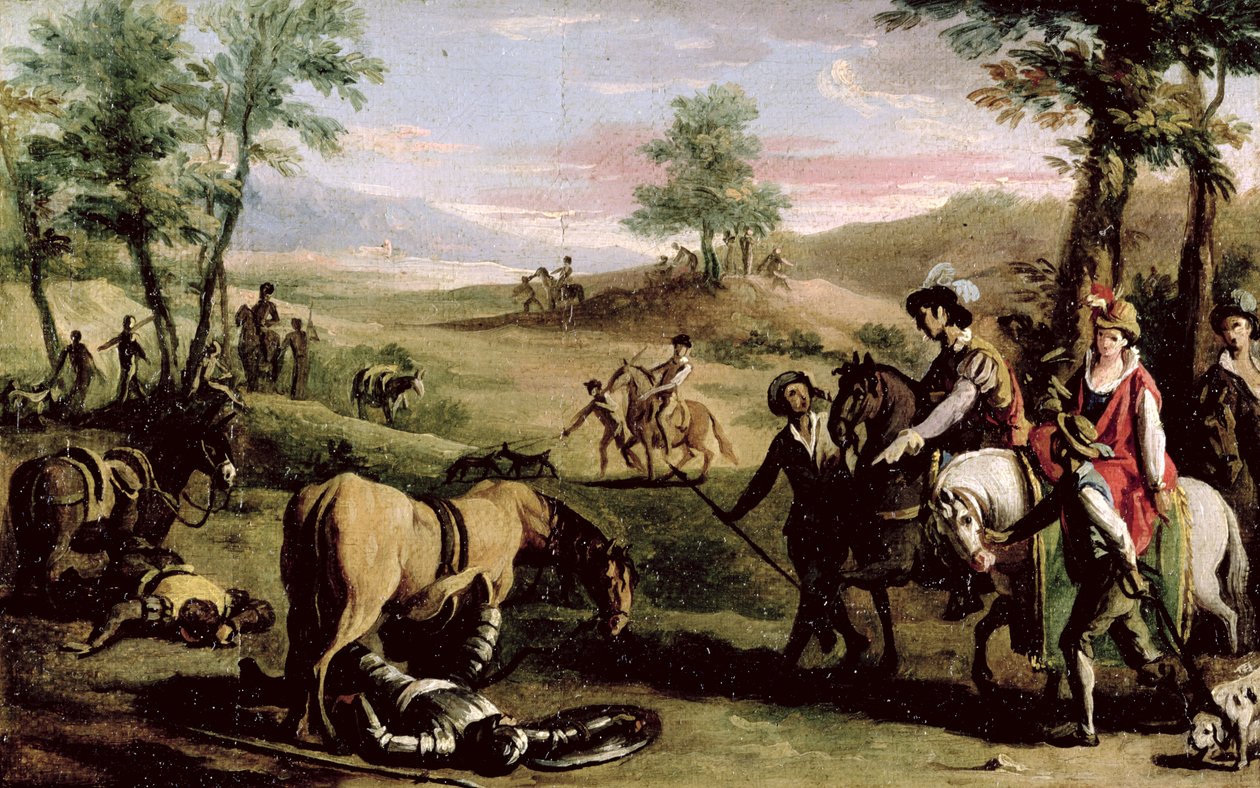 Don Quichotte tombe de son cheval devant les ducs - Zacarias Gonzalez Velazquez