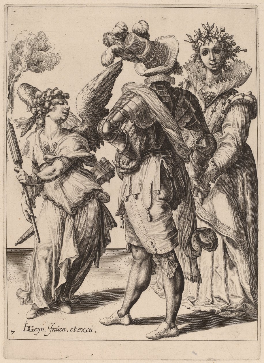 Cupidon aux yeux bandés tenant une torche devant un couple - Zacharias Dolendo after Jacques de Gheyn II