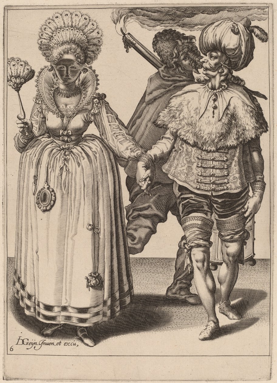 Un homme avec un turban menant une femme portant des plumes de paon - Zacharias Dolendo after Jacques de Gheyn II