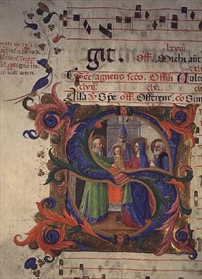 Missel 515 f.28v Initiale historiée S représentant la Présentation au Temple, 1448-49 - Zanobi di Benedetto Strozzi