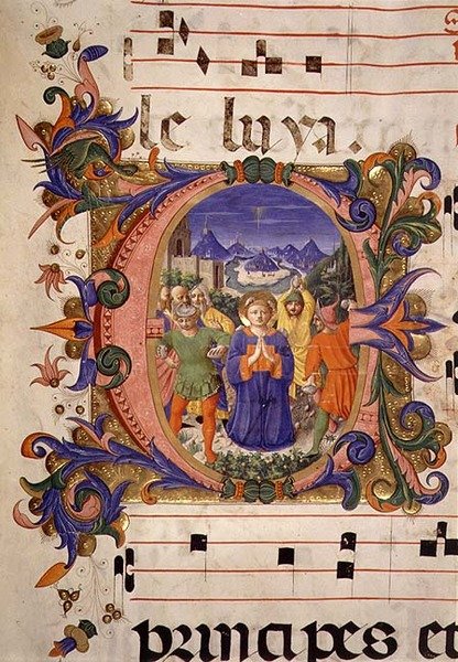 Le Martyre de St. Étienne représenté dans une initiale historiée, la bordure illuminée par Filippo di Mateo Torelli, d