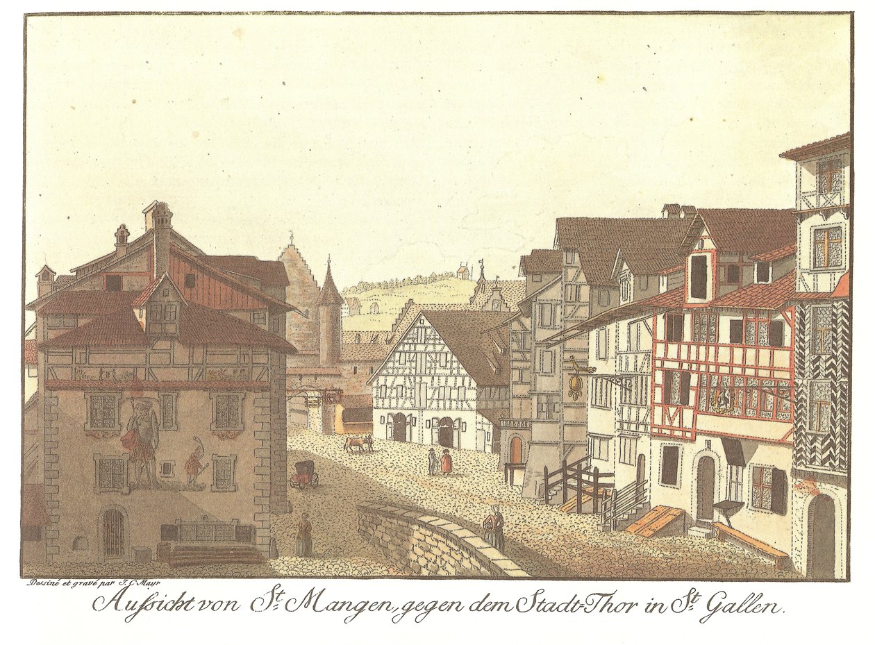Vue de St. Mangen vers la porte de la ville à St. Gallen (titre original) - Zeichner und Kupferstecher