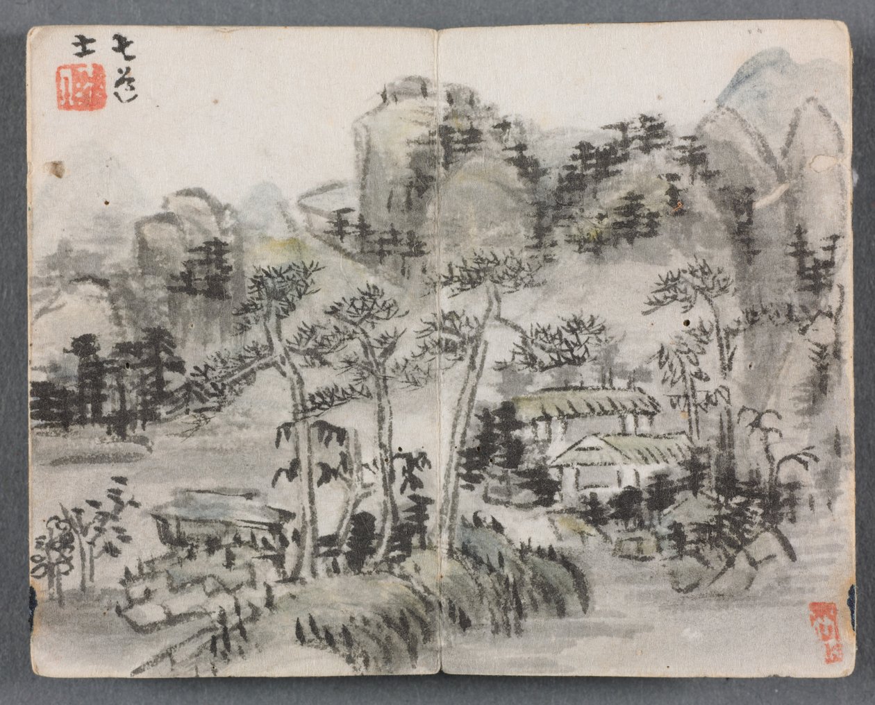 Album miniature avec figures et paysage : Paysage avec deux bâtiments, 1822 - Zeng Yangdong