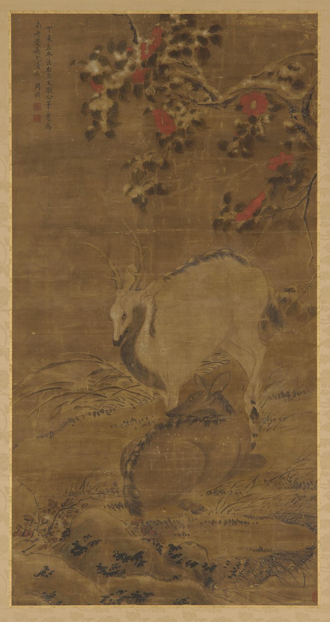 Un Cerf, une Biche et des Camélias Rouges dans la Neige - Zhou Yuan