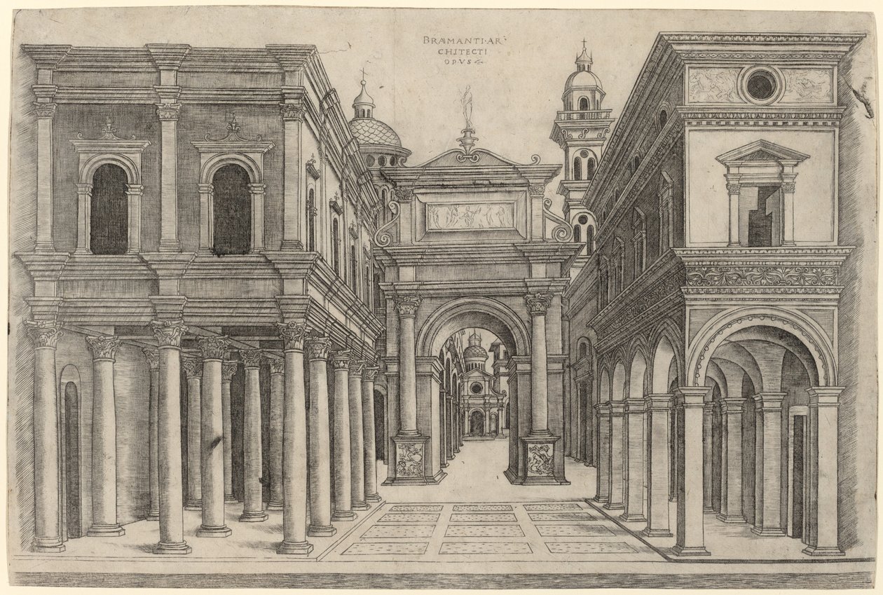 Une rue avec divers bâtiments, colonnades et une arche - Zoan Andrea