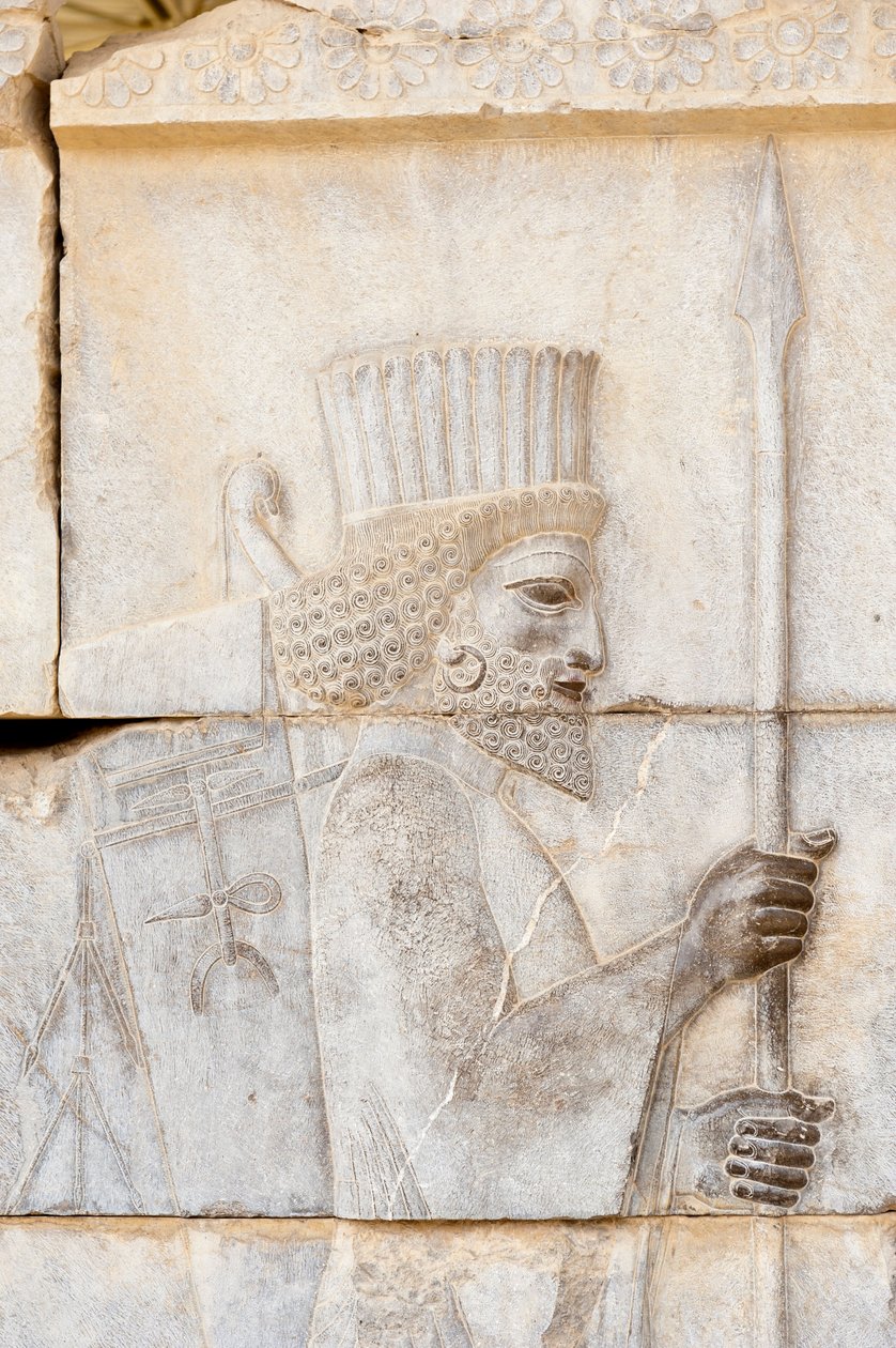 Relief ancien des Achéménides ; Perse avec lance ; soldat de la Garde Immortelle au Palais Apadana ; site archéologique ; ancienne ville perse Persépolis ; site du patrimoine mondial de l