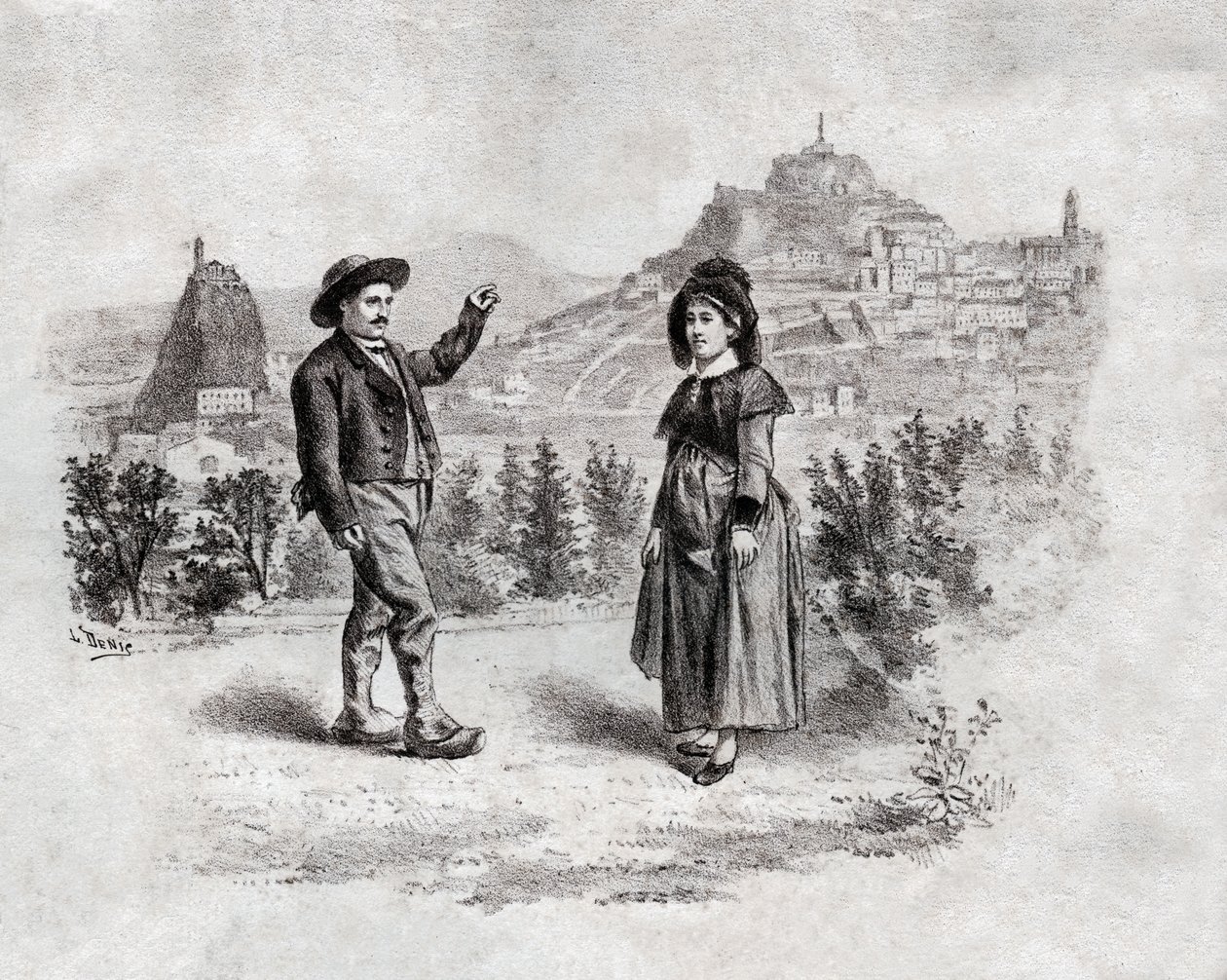 Auvergnats dansant la bourrée au Puy-en-Velay, France. vers 1900 (gravure) - . .