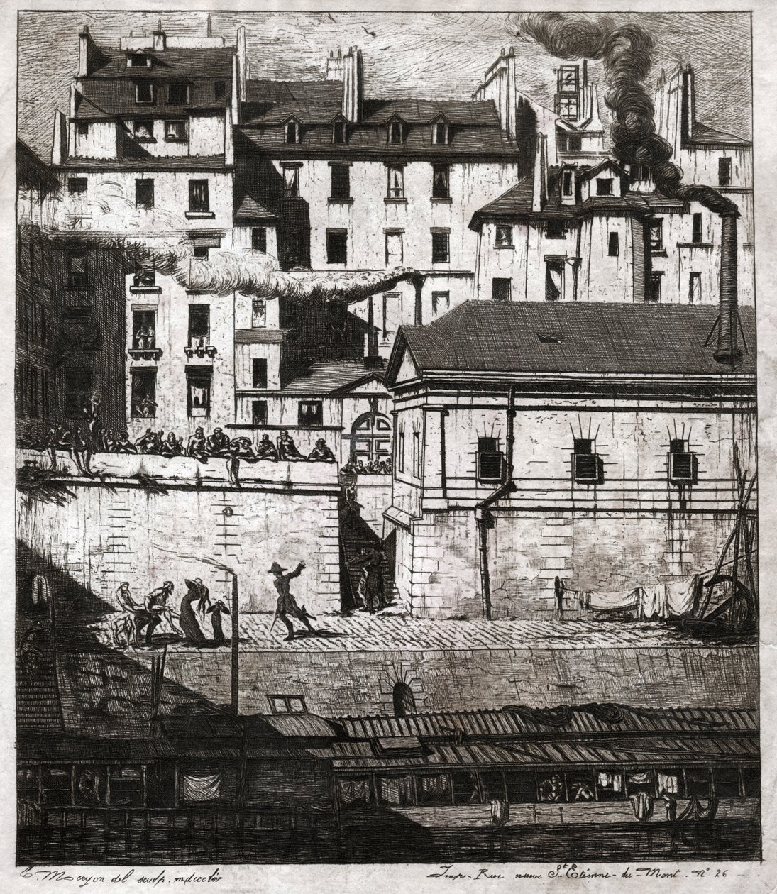 Scène de crime avec intervention de la police sur les quais de Paris. vers 1860 - . .