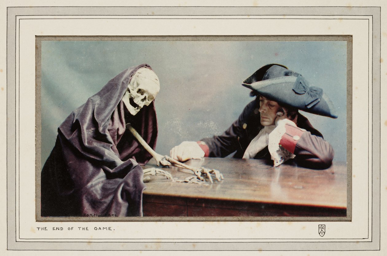 La fin du jeu : un homme avec un squelette symbolisant la Mort et collectant des pièces de monnaie - John Pardon