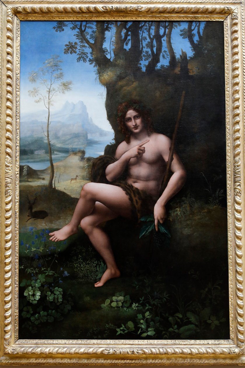 Musée du Louvre, Paris, France. Atelier de Léonard de Vinci, attribué à Francesco Melzi, Saint Jean-Baptiste, huile sur panneau transférée sur toile, vers 1510-1520. - . .