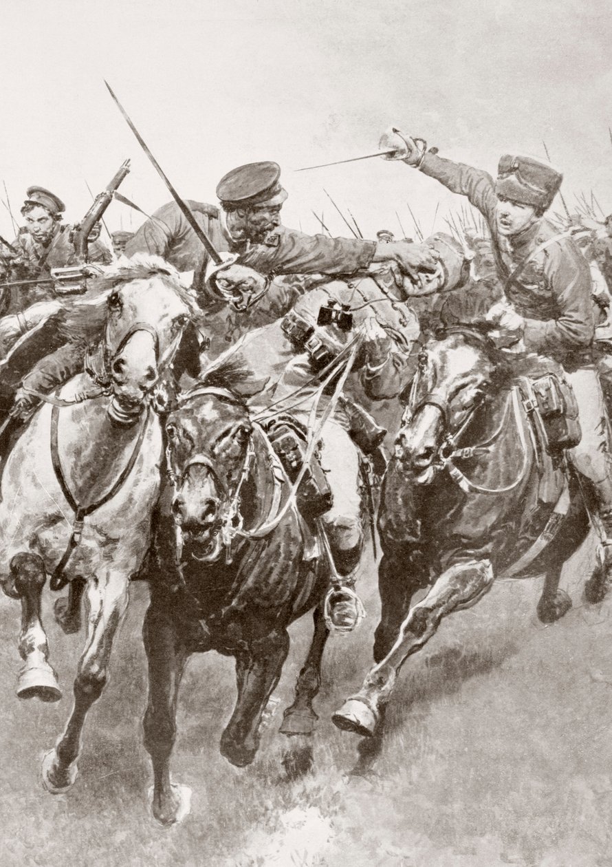 Combat monté entre cosaques russes et cavalerie allemande connue sous le nom de Hussards de la Mort à Schwansfeld, entre Korschen et Bartenstein, Prusse orientale, août 1914 pendant la Première Guerre mondiale, de La Esfera - Ferdinand Georg Waldmuller