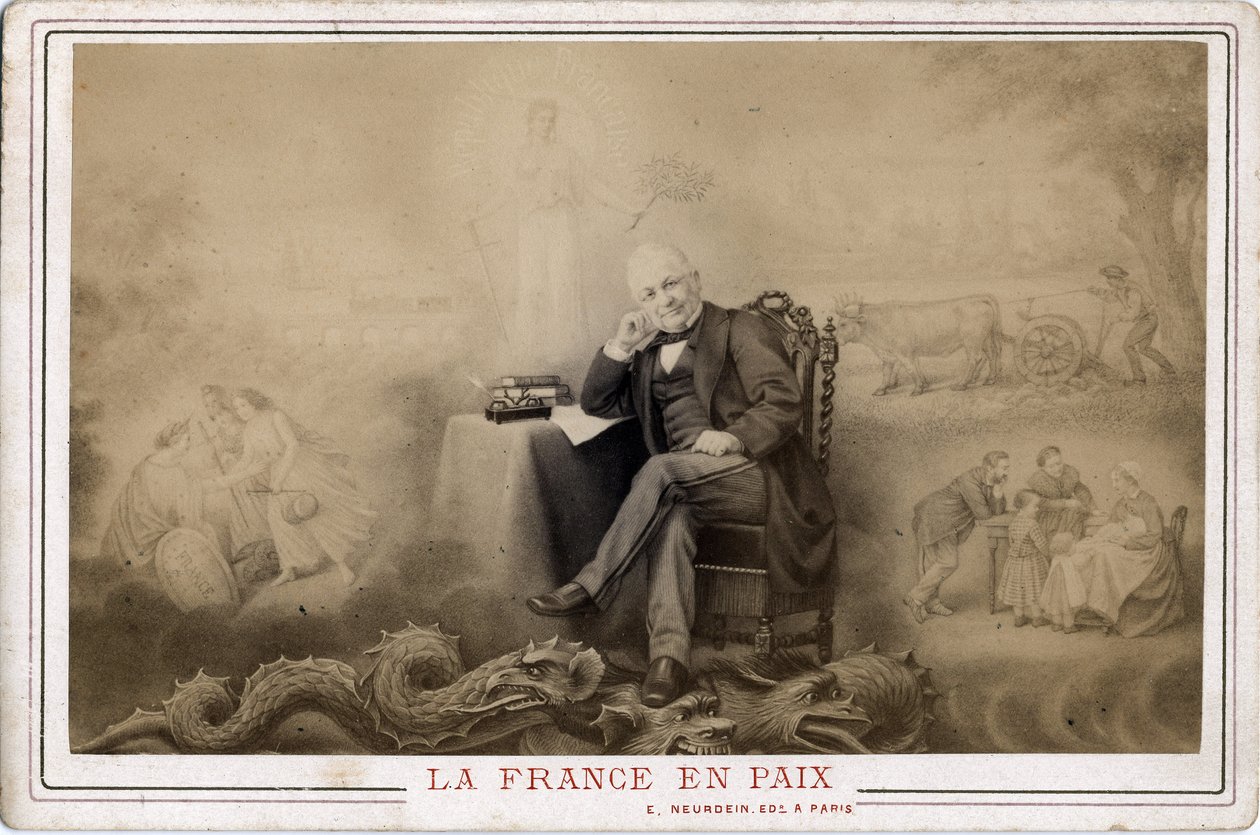 Commune de Paris : « La France en paix » portrait de Louis Adolphe Thiers (1797-1877) assis sur le dragon probable symbole de la commune - Frederick (attr. to) Barnard