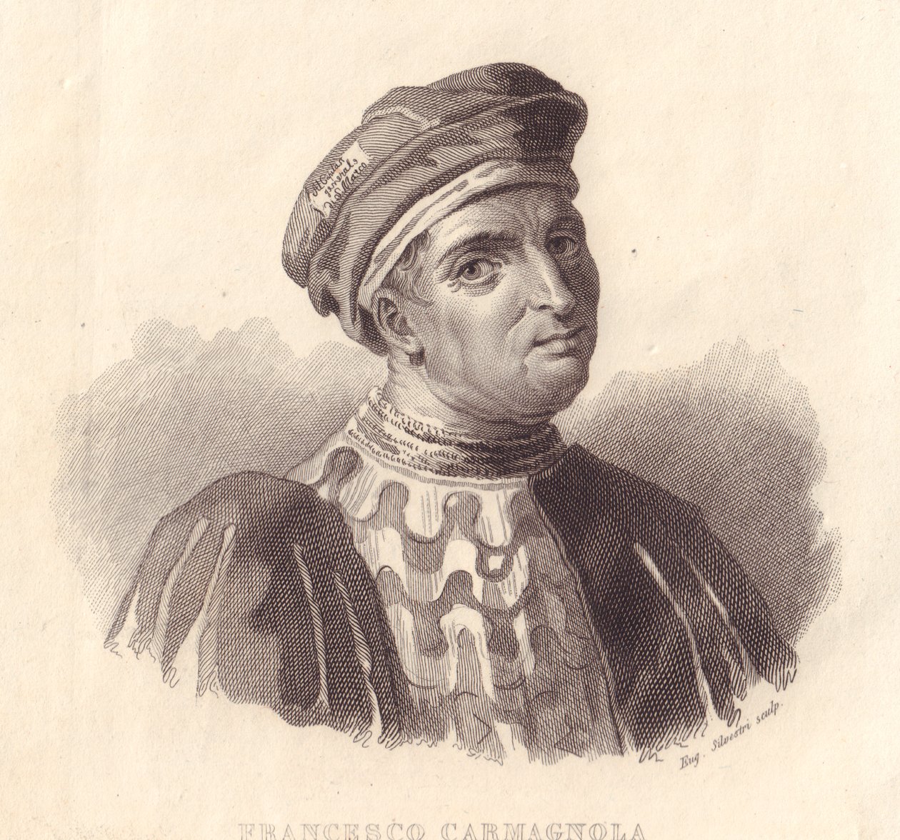 Portrait du chef militaire italien Francesco da Bussone, également connu sous le nom de Carmagnola (1380-1432), gravure sur cuivre par E Silvestri d