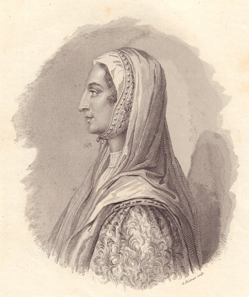 Portrait de la noble italienne Béatrice Lascaris di Tenda (1372-1418), gravure sur cuivre de G Fusinati d