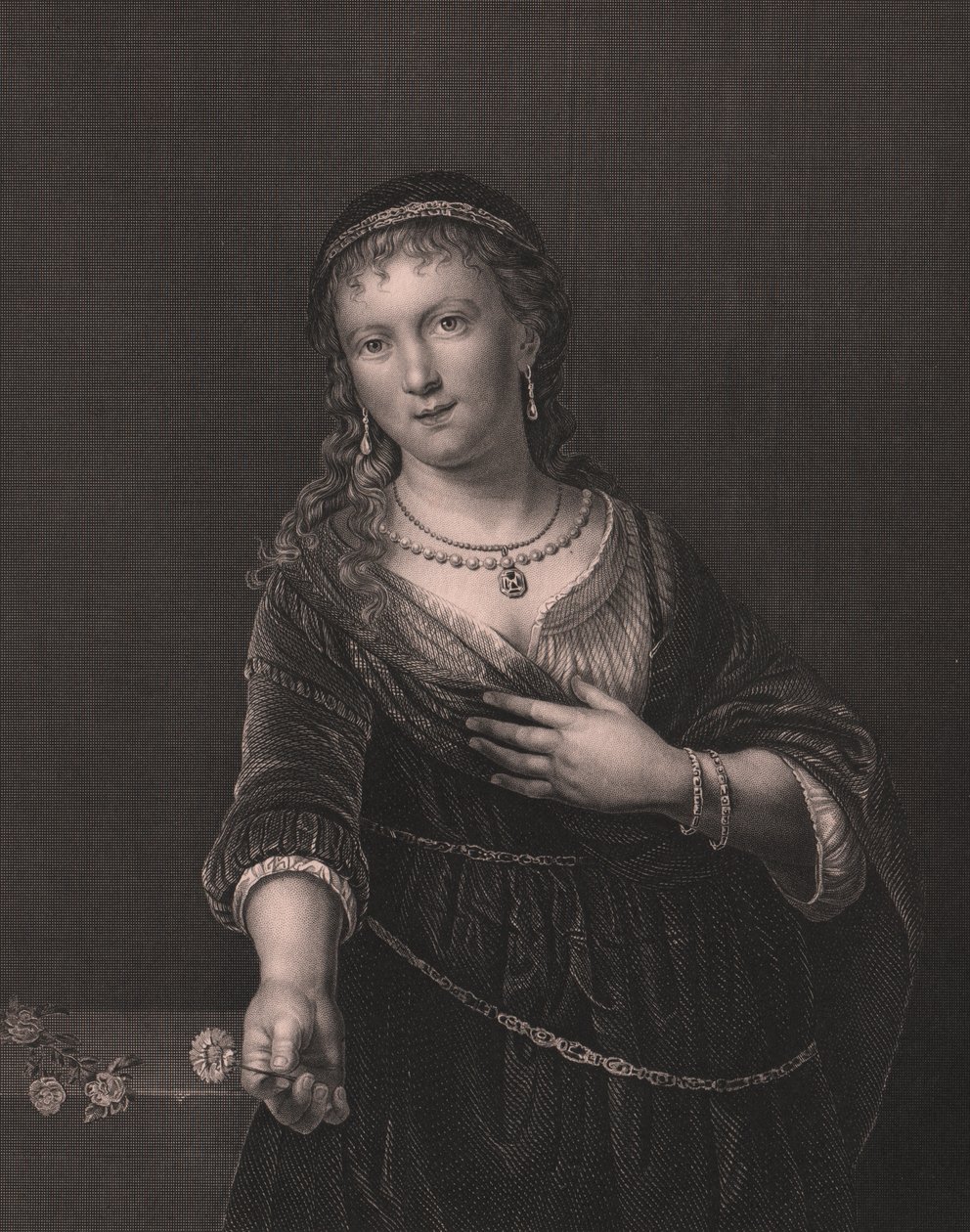 Portrait de Saskia van Uylenburgh (1612-1642), épouse de Rembrandt, gravure par Daniel John Pound d
