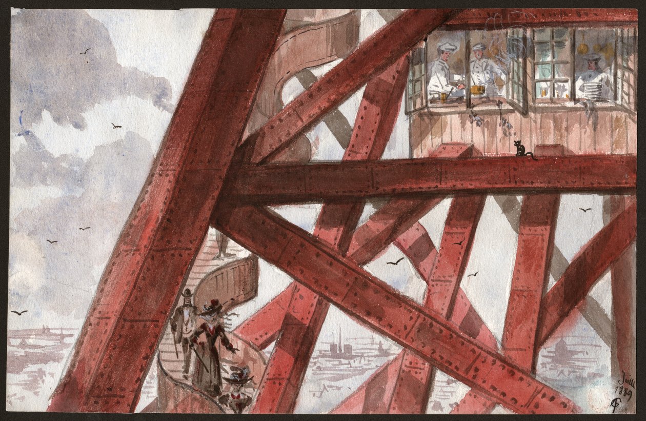 Touristes sur les escaliers de la Tour Eiffel, Paris. Chefs cuisinant dans le restaurant du premier étage. 1889 (Illustration) - . .
