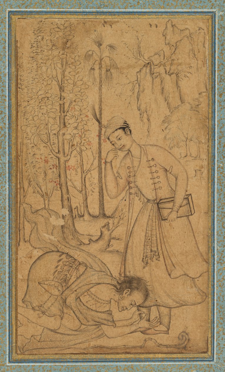 Un saint homme se prosternant devant un prince érudit, vers 1585, bordure ajoutée probablement dans les années 1700 -   Manohar