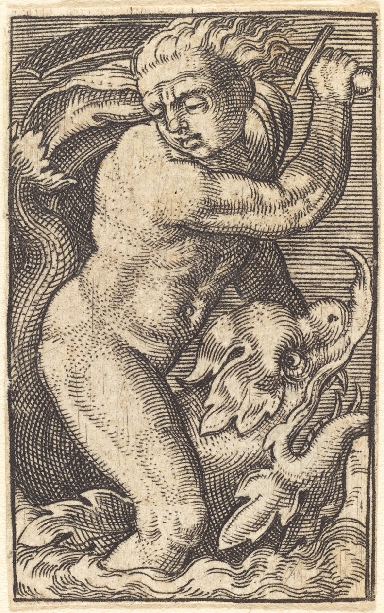 Copie inversée de "Dieu de la Mer à Gauche Montant un Dauphin" - after Barthel Beham