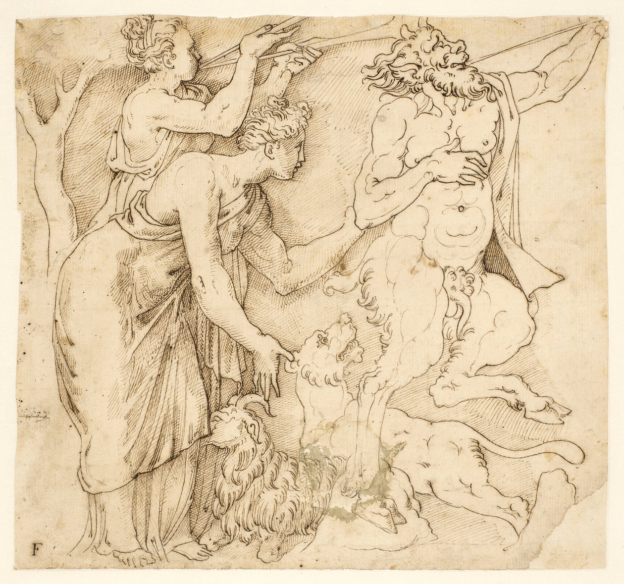 Un satyre, deux femmes, un lion et une chèvre - after Giulio Romano