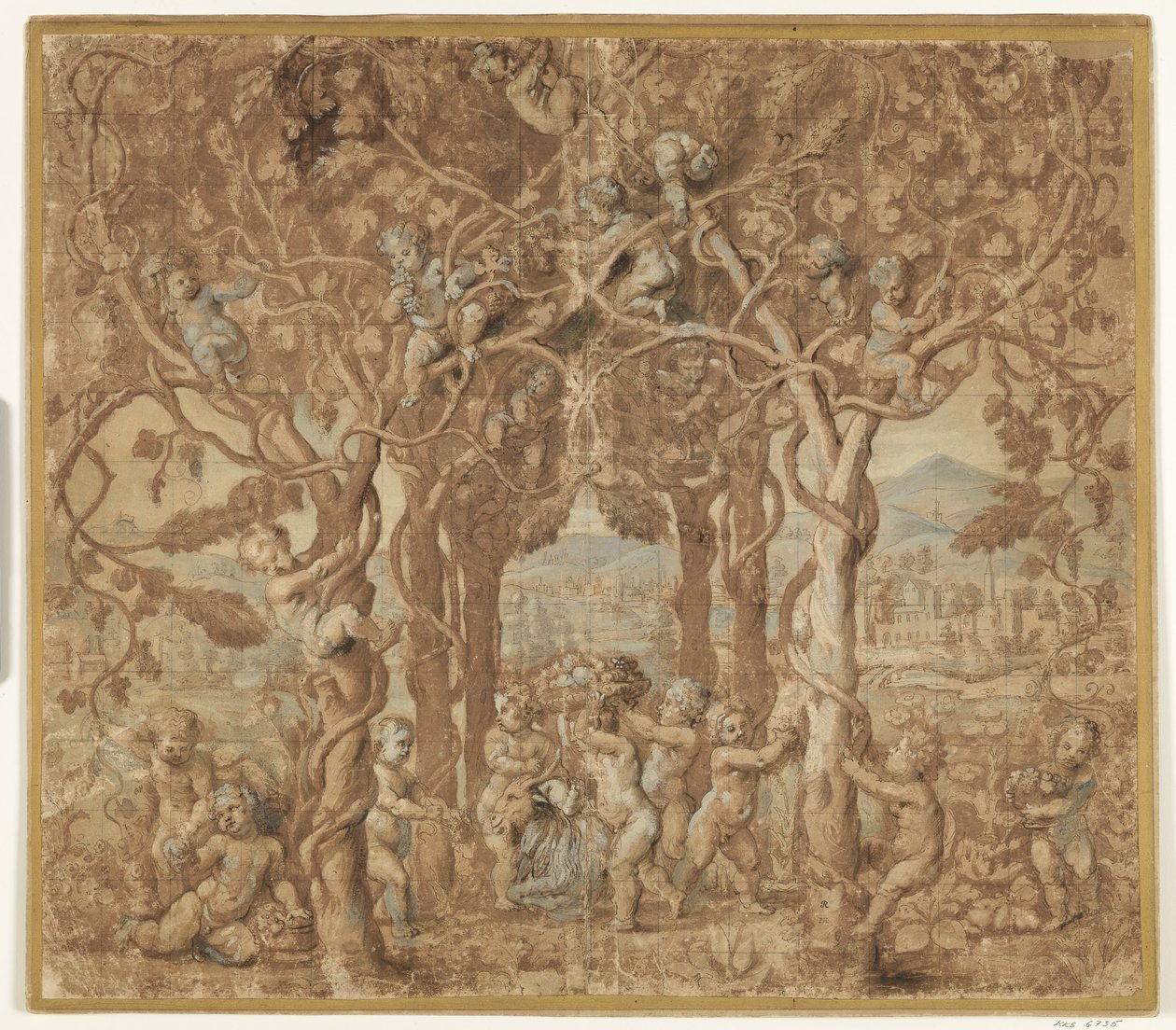 Putti récoltant du vin et jouant avec un bouc - after Giulio Romano