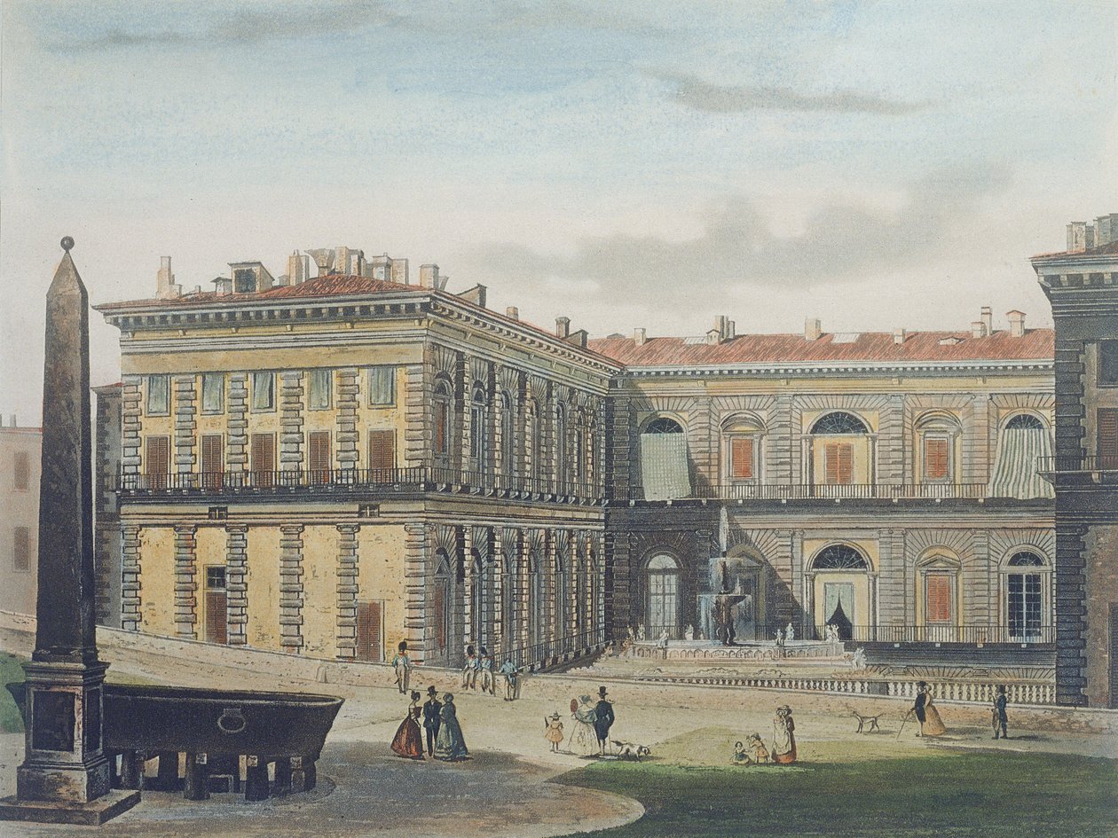 Cour intérieure du Palazzo Pitti, Florence, gravée par Johann Falkeisen (1804-83) et colorée par L. Cherbuin, vers 1842 - after Italian School