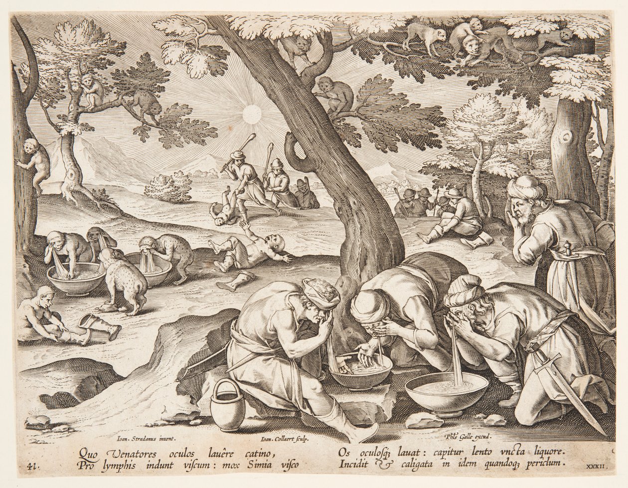 Singes imitant des chasseurs - after Jan van der Straet, called Stradanus