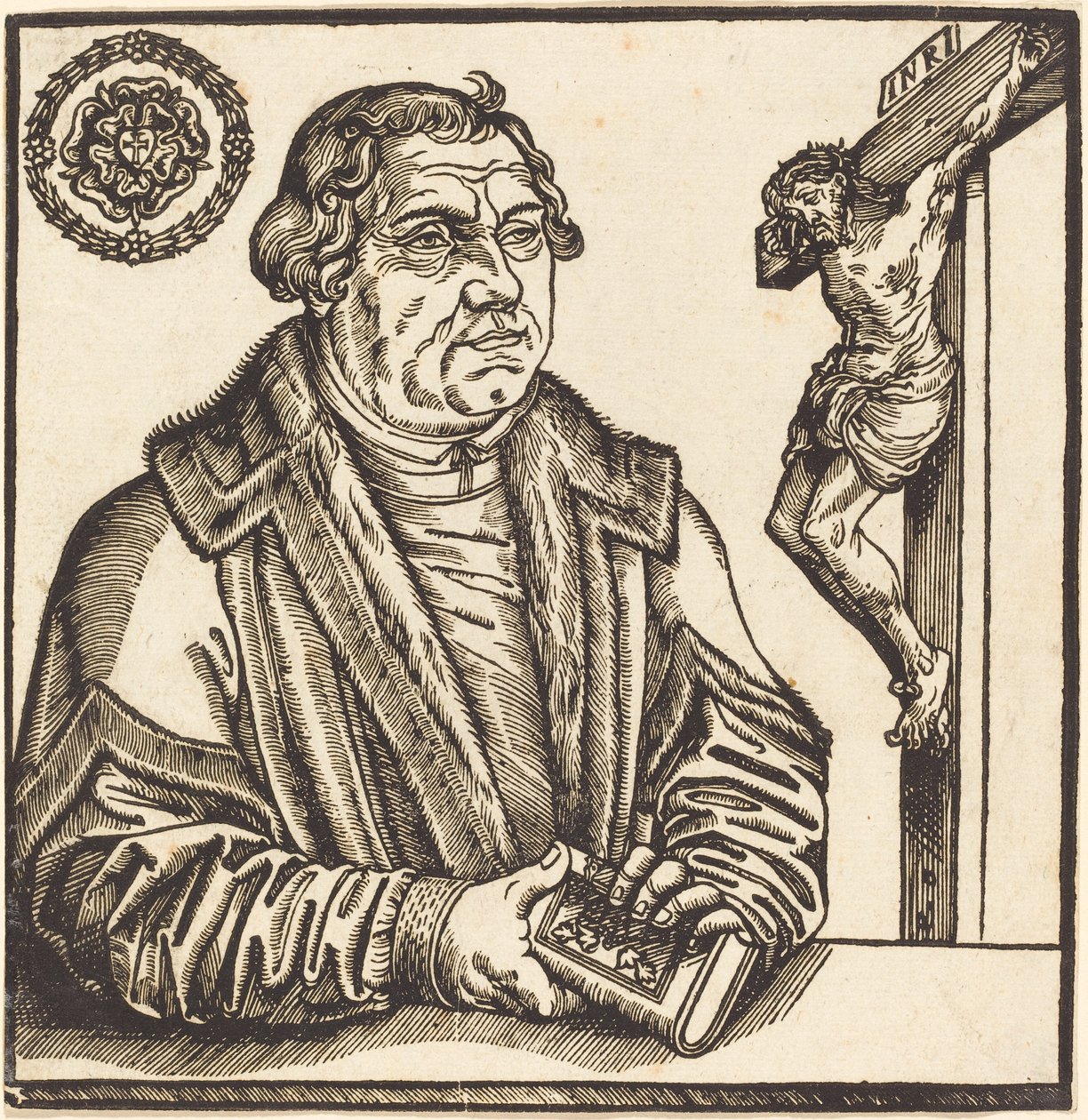 Martin Luther, mi-longueur à gauche avec un livre dans ses mains - after Lucas Cranach the Younger