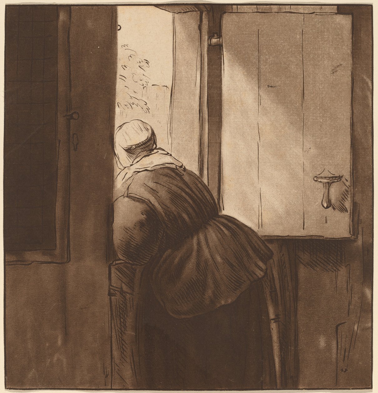 Femme penchée sur une porte basse - after Nicolaes Maes Cornelis Ploos van Amstel