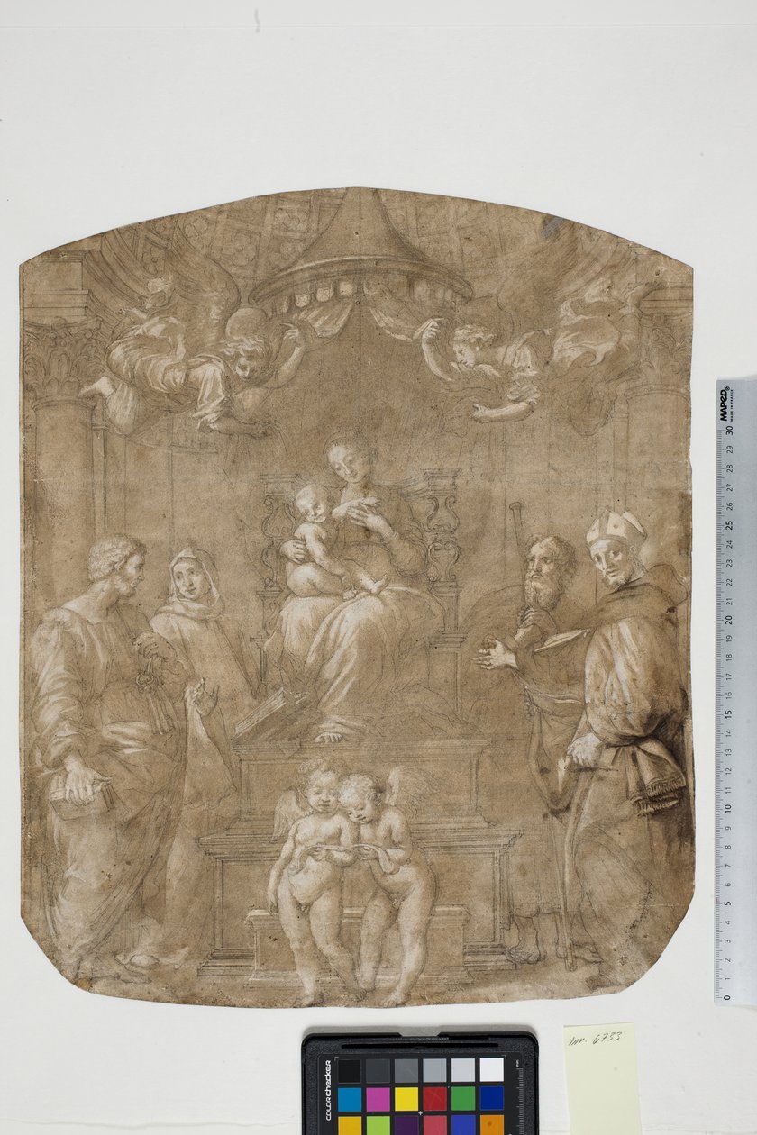 Madone et enfant avec Sts Pierre, Bernard (ou Bruno), Jacques, Augustin et quatre anges, Madonna del Baldacchino - after Raphael