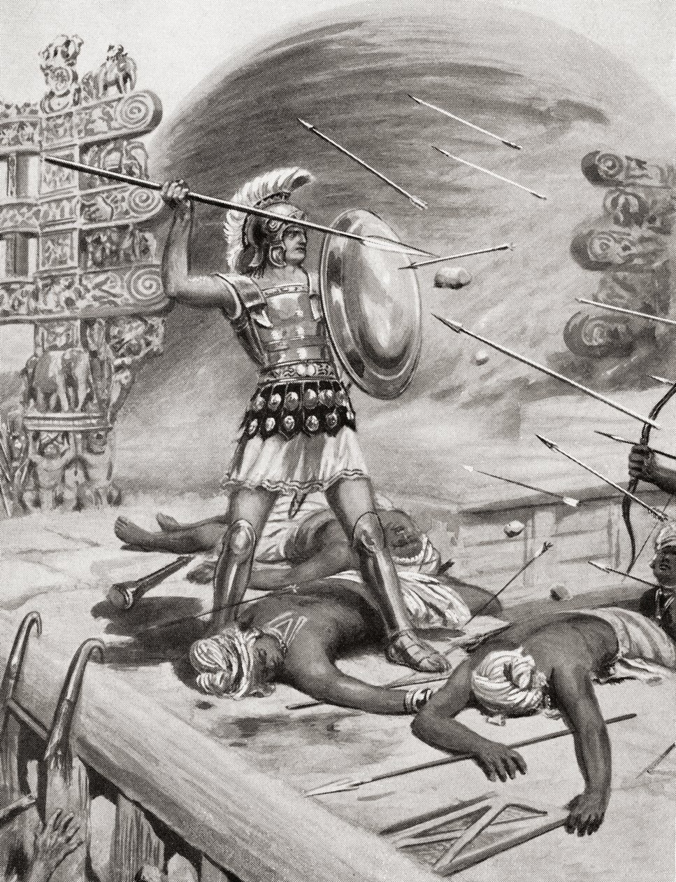 Alexandre le Grand combattant les Assacani à la ville fortifiée de Massaga, Inde, pendant sa campagne indienne en 326 av. J.-C., de l
