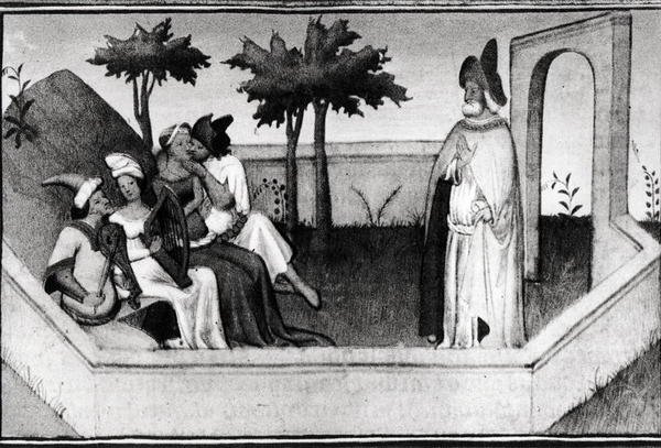 Comment le vieil homme de la montagne a reçu les disciples dans le jardin, du Livre des Merveilles du Monde, c.1410-12 - and workshop Boucicaut Master
