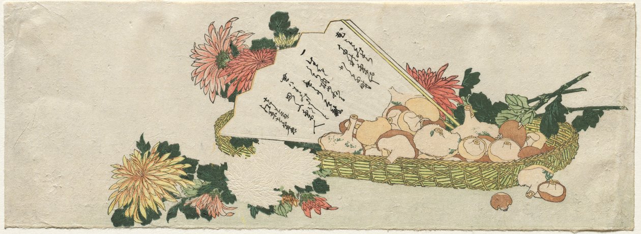 Panier avec éventail, chrysanthèmes et champignons - attributed to Katsushika Hokusai