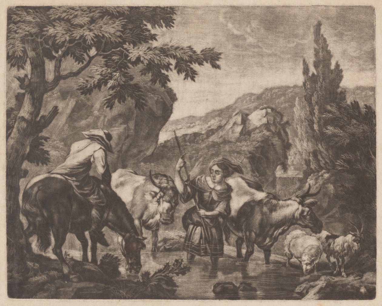 Bétail traversant un ruisseau - attributed to Robert Robinson,after Nicolaes Pietersz Berchem