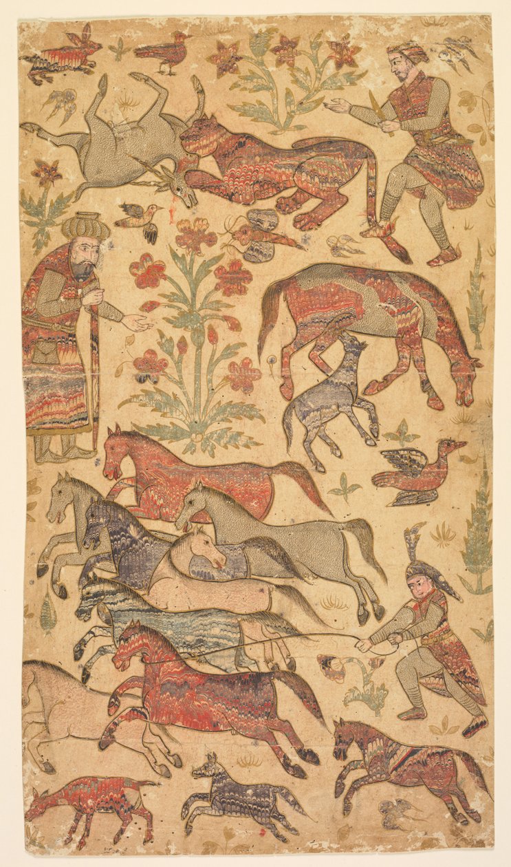 Une image marbrée de Rustam attrapant Rakhsh - attributed to Shafi