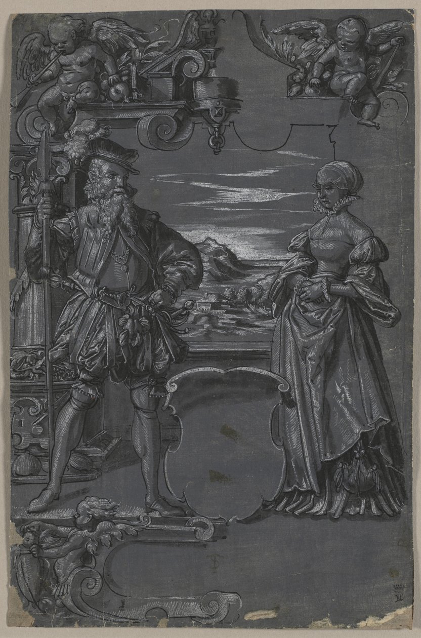 Conception pour peinture sur verre : Homme et femme dans un cadre architectural - attributed to Tobias Stimmer