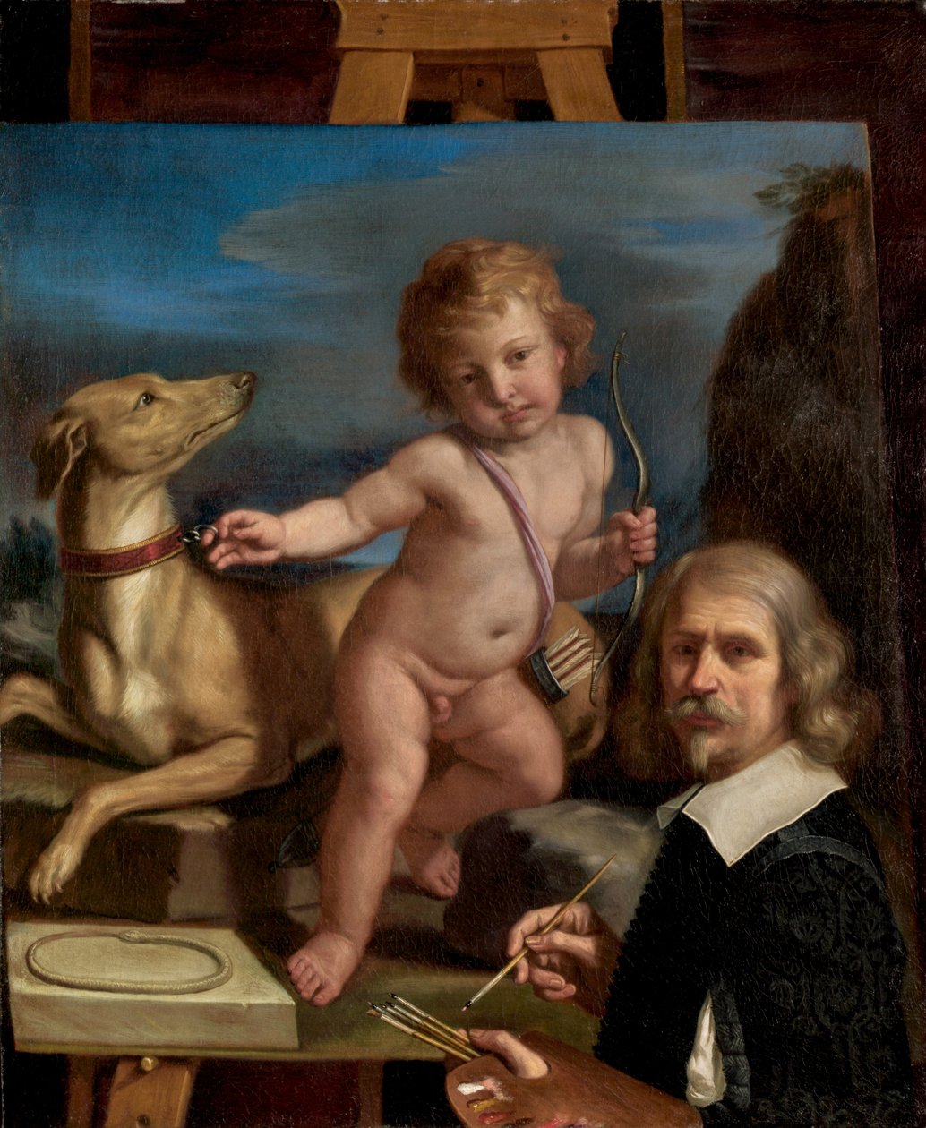 Autoportrait devant une peinture de "Amor Fedele" - called Guercino Giovanni Francesco Barbieri