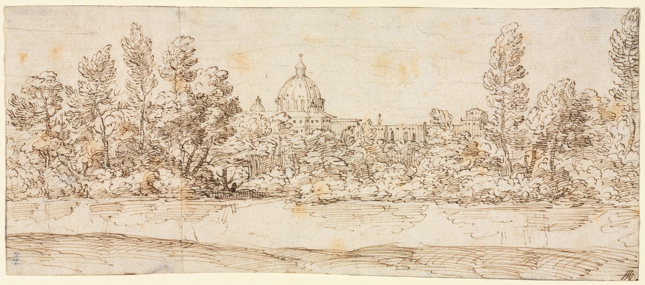 Paysage fluvial avec vue de la basilique Saint-Pierre - circle of Giovanni Francesco Grimaldi