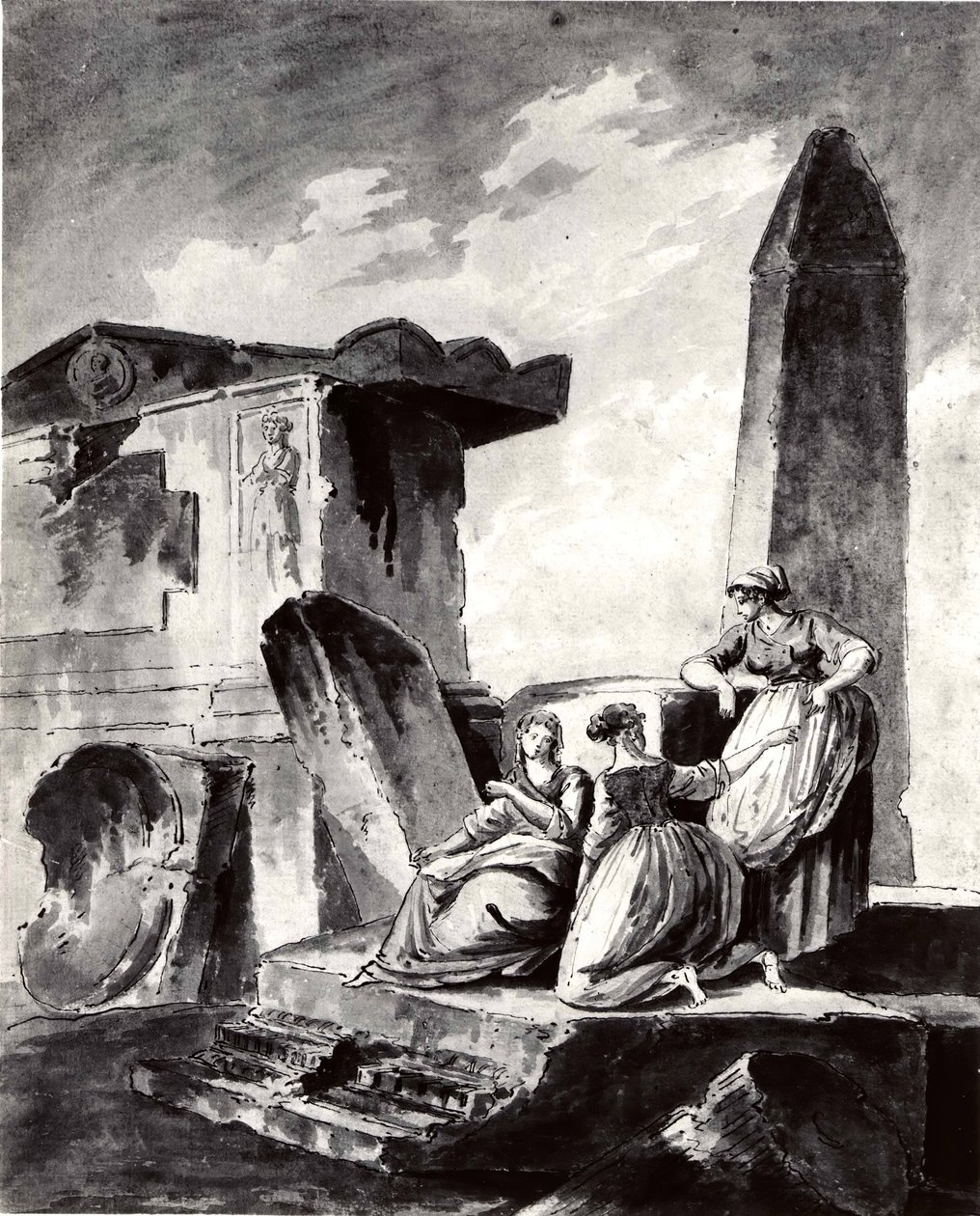 Trois jeunes filles près de ruines - copy after Hubert Robert.
