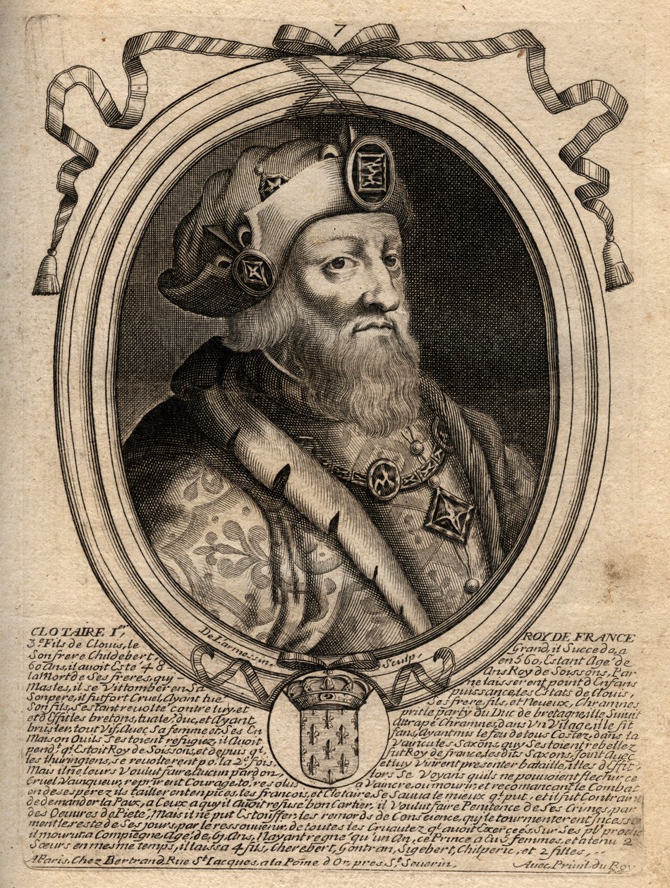 Portrait de Clotaire (Clothaire) Ier (497 - 561), roi de Neustrie et roi des Francs - Clotaire Ier, roi des Francs - Gravure de 