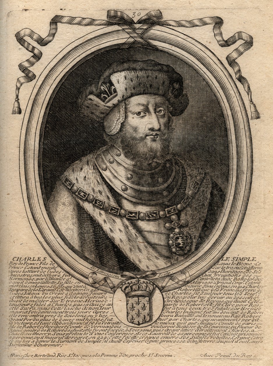 Portrait de Charles III dit le Simple (879-929) roi des Francs - Gravure de 