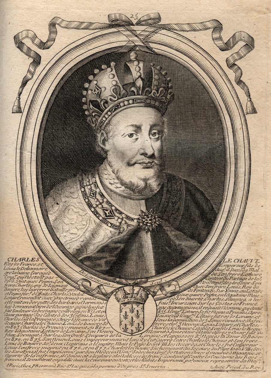 Portrait de Charles II le Chauve (823-877), roi de France - Gravure de 