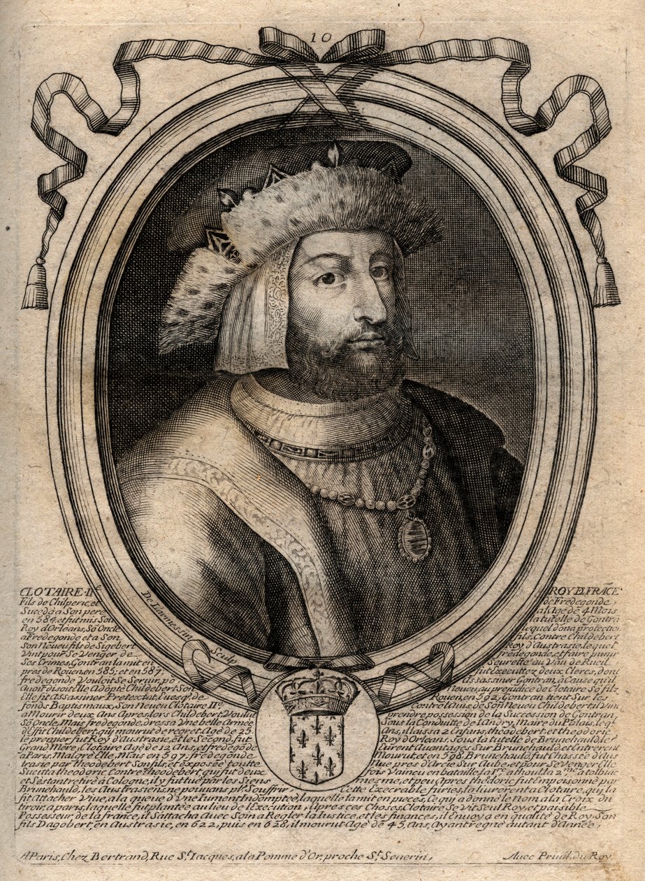 Portrait de Clotaire II (584-628), roi de Neustrie et roi des Francs - Gravure de 