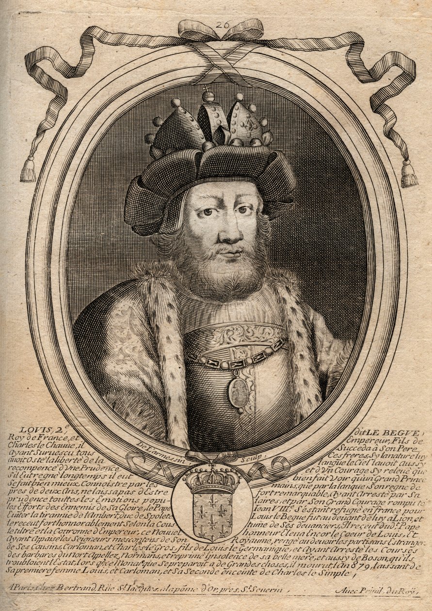Portrait de Louis II le Bègue ou le Fainéant (846-879), roi des Francs - Gravure de 