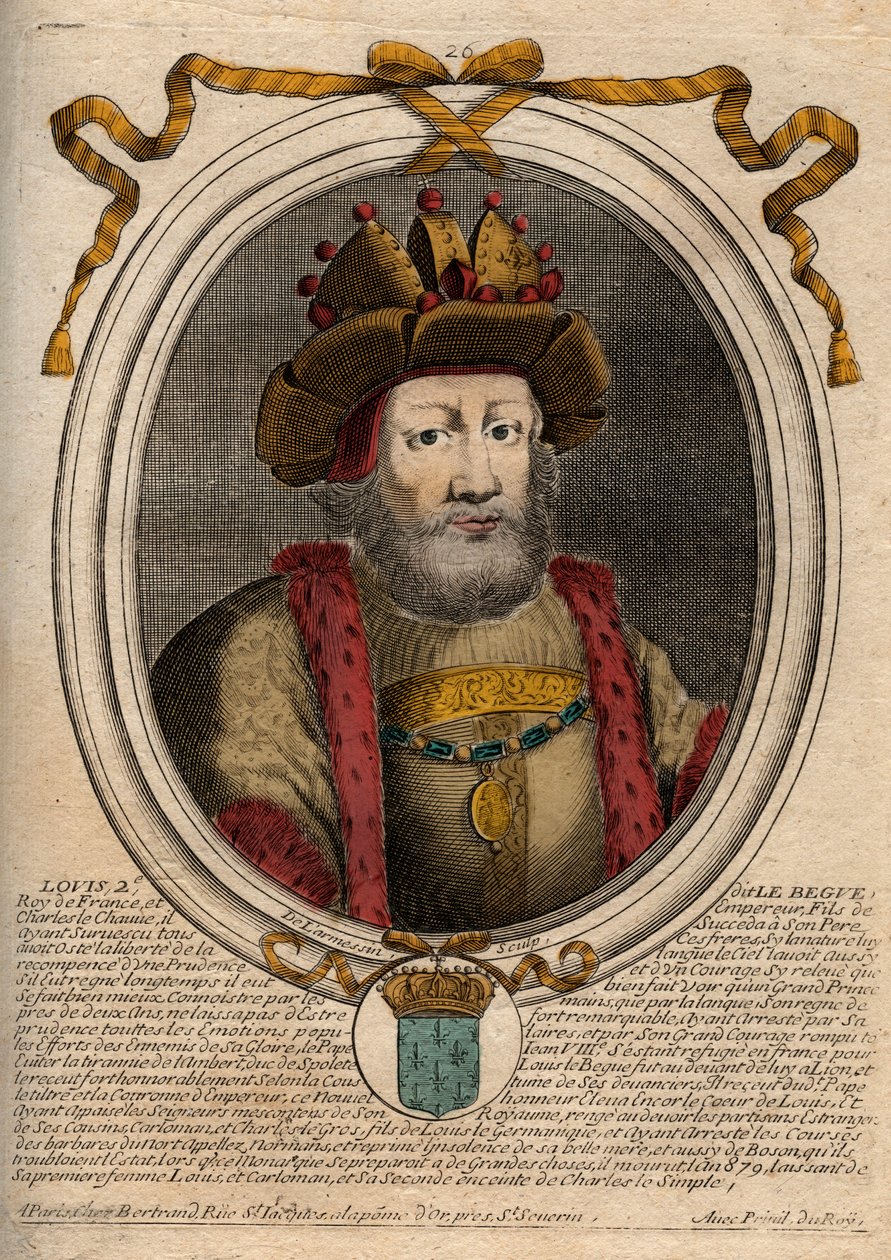 Portrait de Louis II le Bègue ou le Fainéant (846 - 879), Roi des Francs - gravure de 