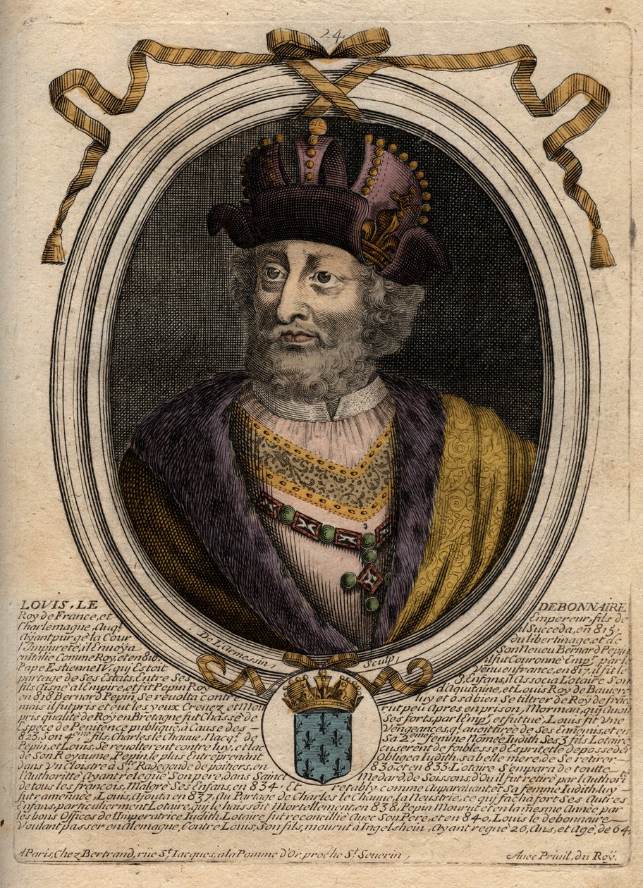 Portrait de Louis I le Pieux ou « le Débonnaire » (778-840), Roi de France - Gravure de « Les Augustes Représentations de tous les Rois de France » - de Larmessin