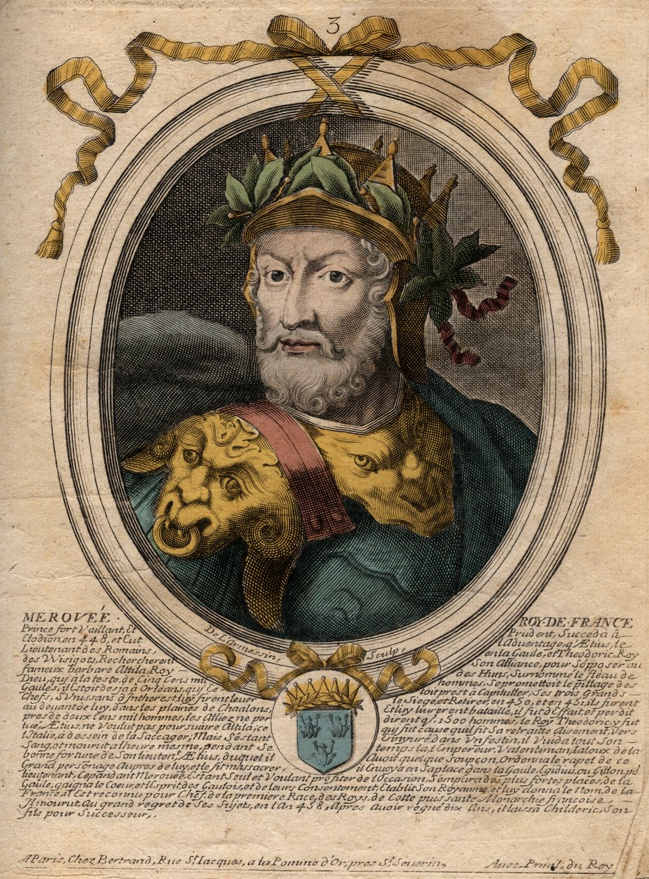 Portrait de Mérovée ou Mérovée, roi franc (v448-v458), premier roi de la dynastie mérovingienne - gravure de 